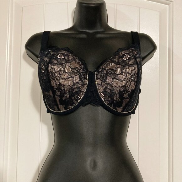 LA SENZA 34DD Black and nude pink floral lace underwire bra w/ clear rhinestones - Picture 4 of 13